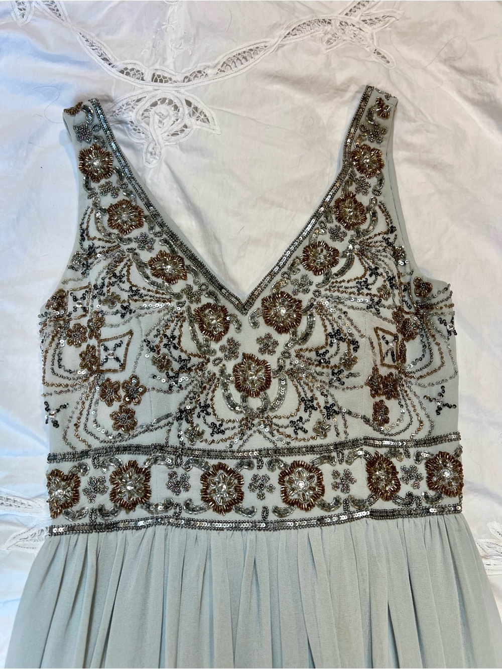 BHLDN by Anthropologie Pale Bluish Gray Beaded V-Neck Pleated Maxi Dress Size 4 - Picture 5 of 15